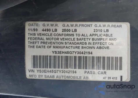 2000 Saab 9-5 Aero from USA, damaged, VIN YS3EH45G7Y3042194